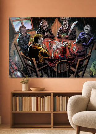 Acrylic wall art in a reading corner: Michael Myers, Ghostface, Jason Voorhees, Pinhead, Leatherface, Chucky and Freddy Krueger playing poker.