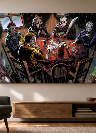 Canvas wall art in an entertainment den: Michael Myers, Ghostface, Jason Voorhees, Pinhead, Leatherface, Chucky and Freddy Krueger playing poker.