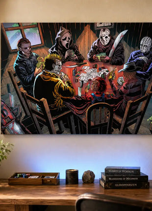 Canvas wall art in a gaming room: Michael Myers, Ghostface, Jason Voorhees, Pinhead, Leatherface, Chucky and Freddy Krueger playing poker.