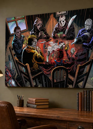 Canvas wall art in a home office: Michael Myers, Ghostface, Jason Voorhees, Pinhead, Leatherface, Chucky and Freddy Krueger playing poker.