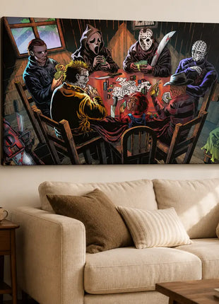 Canvas wall art in a living room: Michael Myers, Ghostface, Jason Voorhees, Pinhead, Leatherface, Chucky and Freddy Krueger playing poker.