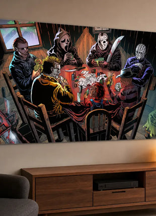 Metal wall art in an entertainment den: Michael Myers, Ghostface, Jason Voorhees, Pinhead, Leatherface, Chucky and Freddy Krueger playing poker.