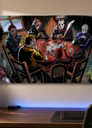 Metal wall art in a gaming room: Michael Myers, Ghostface, Jason Voorhees, Pinhead, Leatherface, Chucky and Freddy Krueger playing poker.