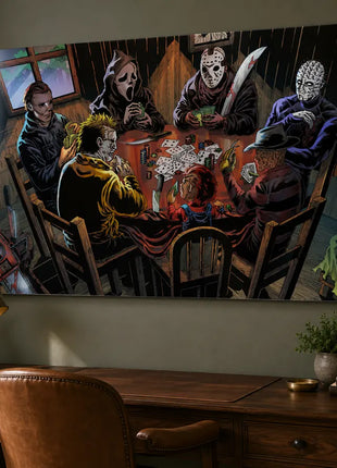 Metal wall art in a home office: Michael Myers, Ghostface, Jason Voorhees, Pinhead, Leatherface, Chucky and Freddy Krueger playing poker.