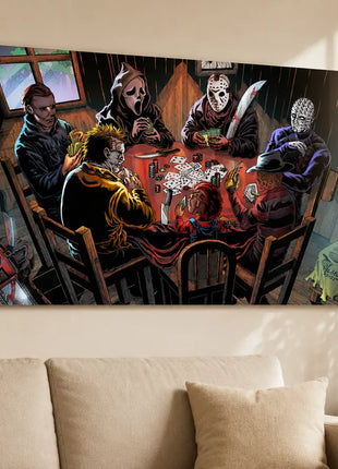 Metal wall art in a living room: Michael Myers, Ghostface, Jason Voorhees, Pinhead, Leatherface, Chucky and Freddy Krueger playing poker.