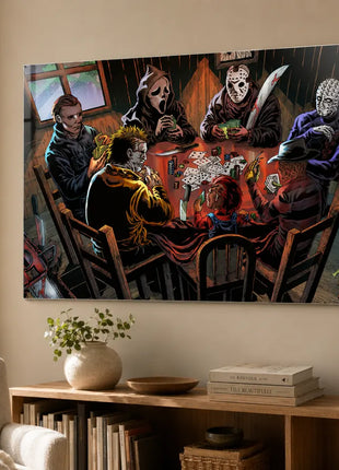 Metal wall art in a reading corner: Michael Myers, Ghostface, Jason Voorhees, Pinhead, Leatherface, Chucky and Freddy Krueger playing poker.