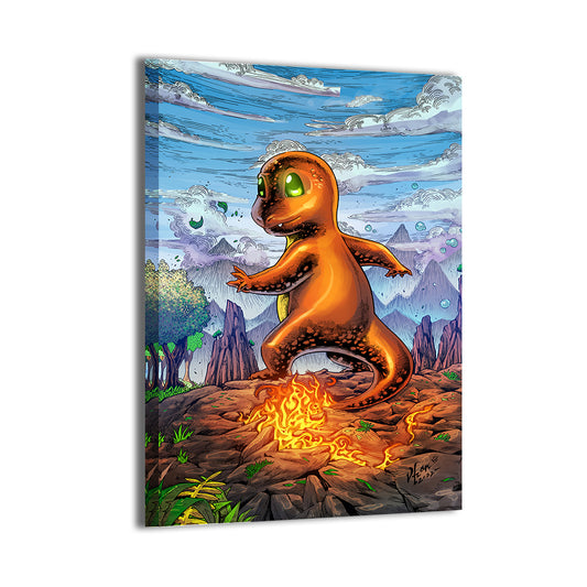 Charmander-inspired Pokémon wall art over flames and rock, 24x36 Canvas
