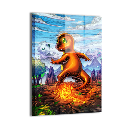 Charmander-inspired Pokémon wall art over flames and rock, 24x36 Metal Print