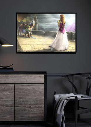Link kneeling before Princess Zelda in Hyrule's Champion Acrylic wall art