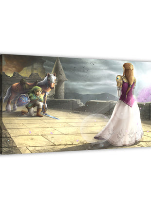 Link kneeling before Princess Zelda in Hyrule's Champion Canvas wall art