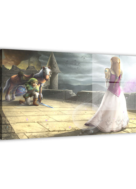 Link kneeling before Princess Zelda in Hyrule's Champion Metal wall art