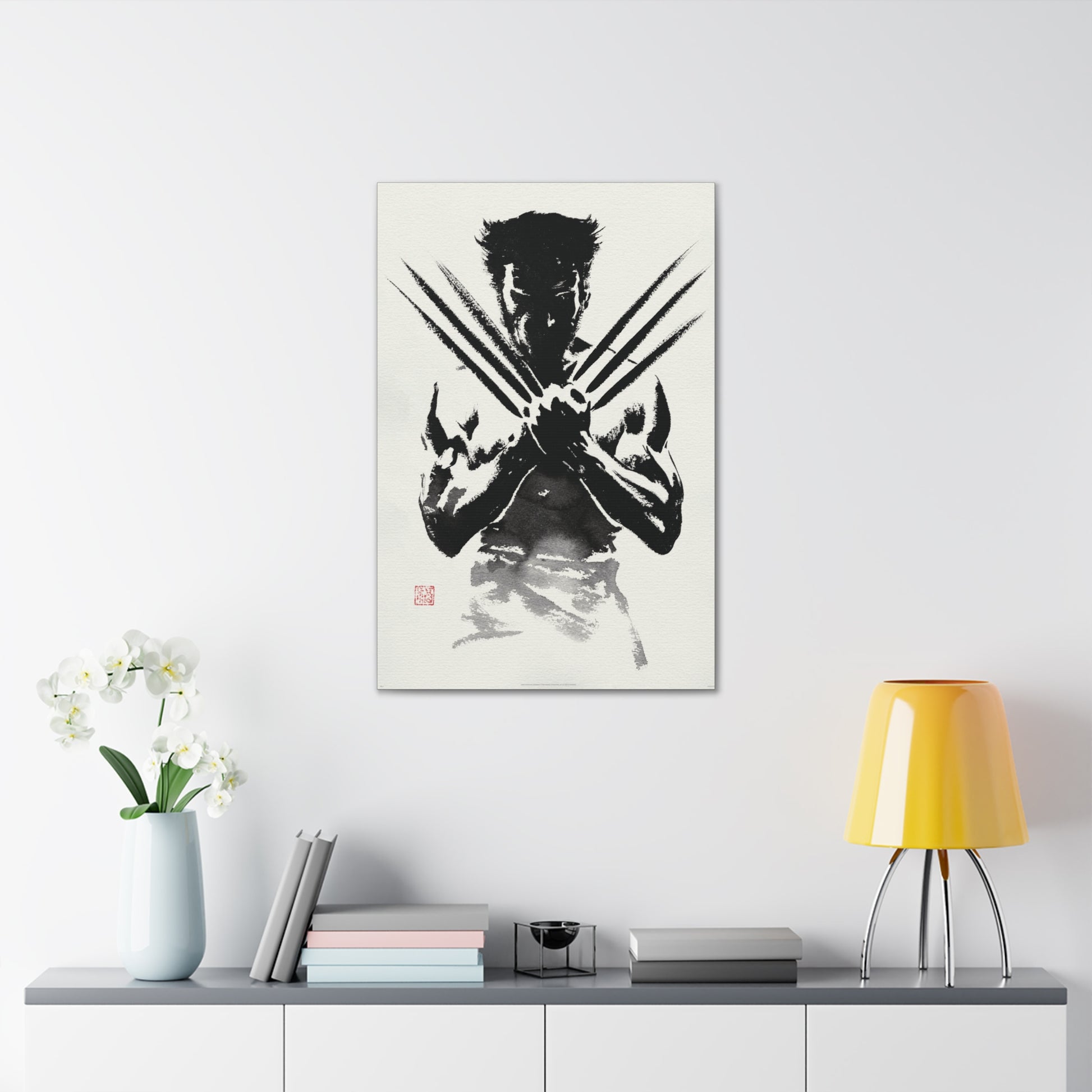 "Samurai Spirit – Black & White Japanese Watercolor Wolverine Wall Art on canvas, acrylic, and metal – front view featuring Wolverine in an ink-wash samurai stance."
