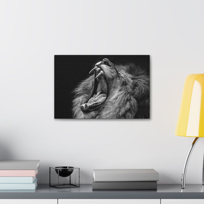 "Monochrome Roar – Black & White Lion Wall Art on canvas, acrylic, and metal – front view featuring a roaring lion."
