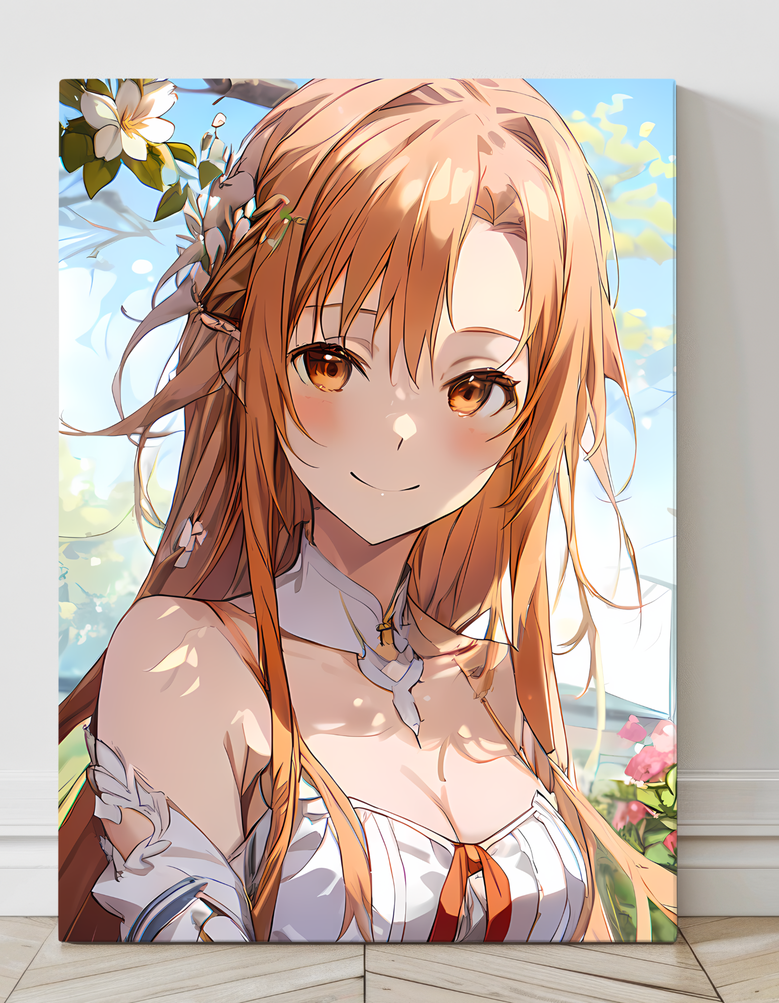 "Asuna Yuuki SAO Elf Form Wall Art on canvas, acrylic, and metal – front view featuring a detailed anime portrait of Asuna in her Alfheim Online elf form."

