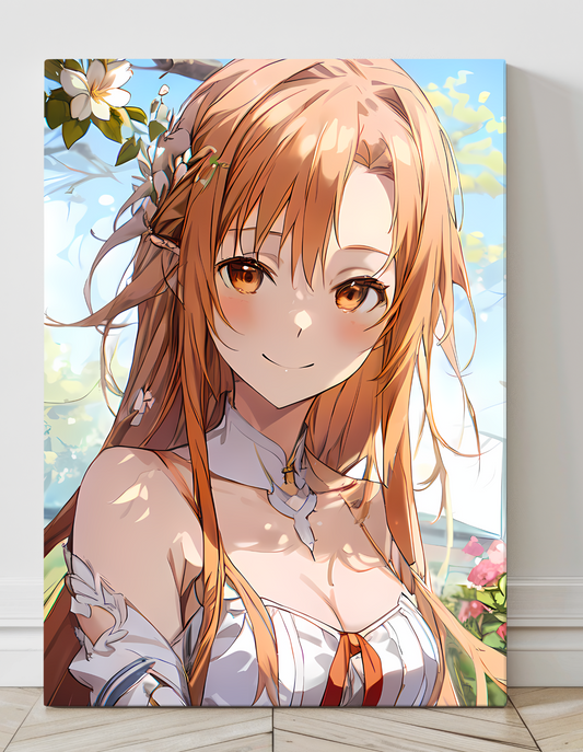 "Asuna Yuuki SAO Elf Form Wall Art on canvas, acrylic, and metal – front view featuring a detailed anime portrait of Asuna in her Alfheim Online elf form."
