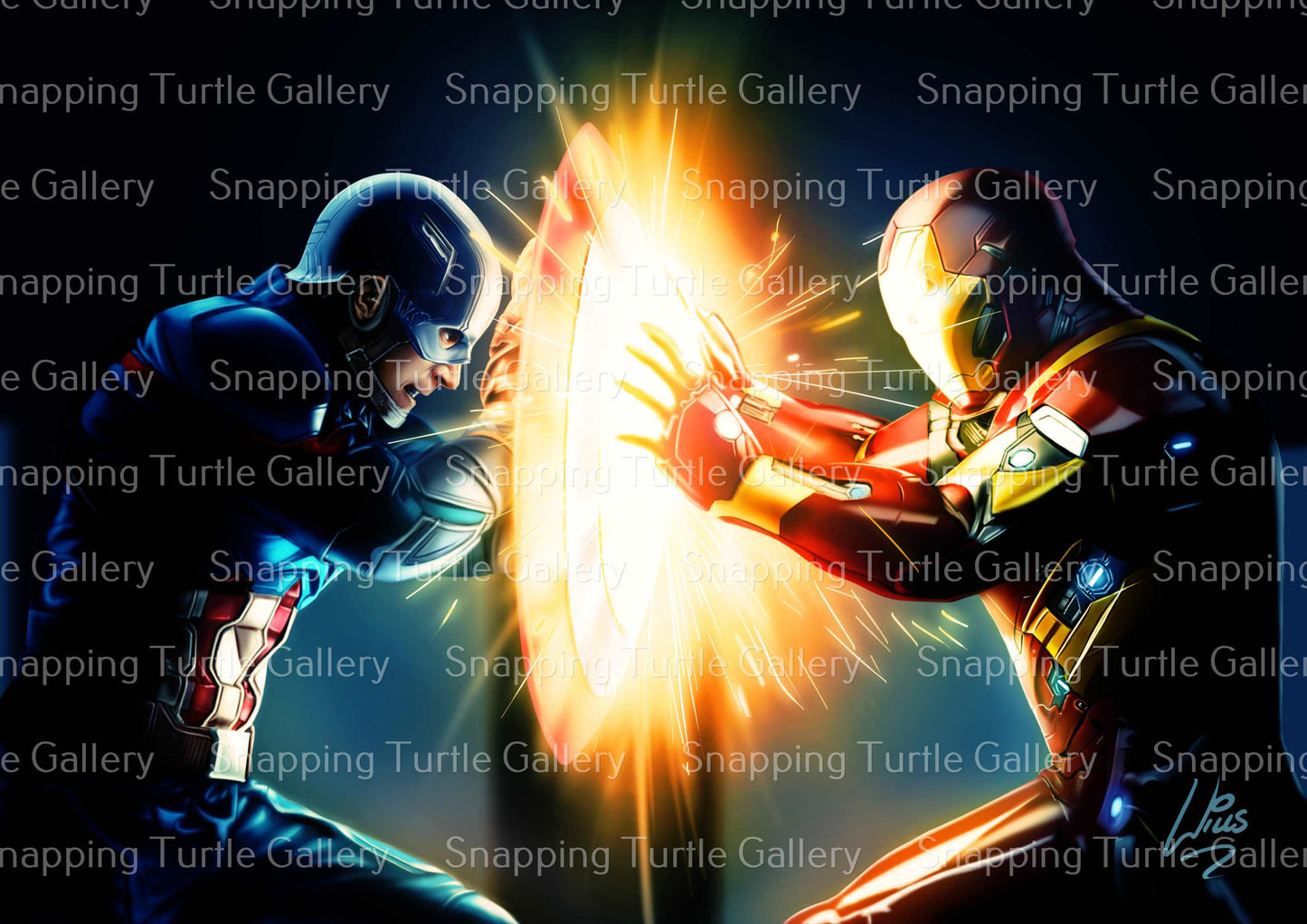 "Divided We Fall – Captain America vs Iron Man Wall Art on canvas, acrylic, and metal – front view featuring their epic Civil War clash scene."
