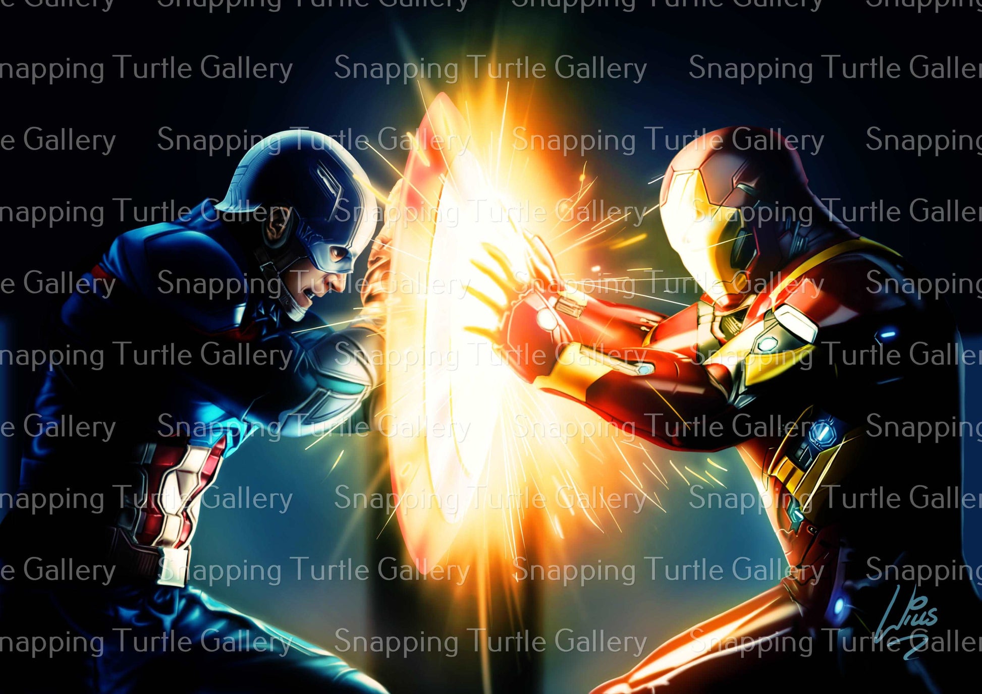 "Divided We Fall – Captain America vs Iron Man Wall Art on canvas, acrylic, and metal – front view featuring their epic Civil War clash scene."
