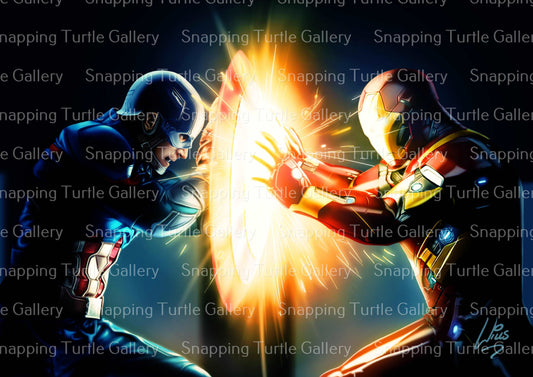 "Divided We Fall – Captain America vs Iron Man Wall Art on canvas, acrylic, and metal – front view featuring their epic Civil War clash scene."
