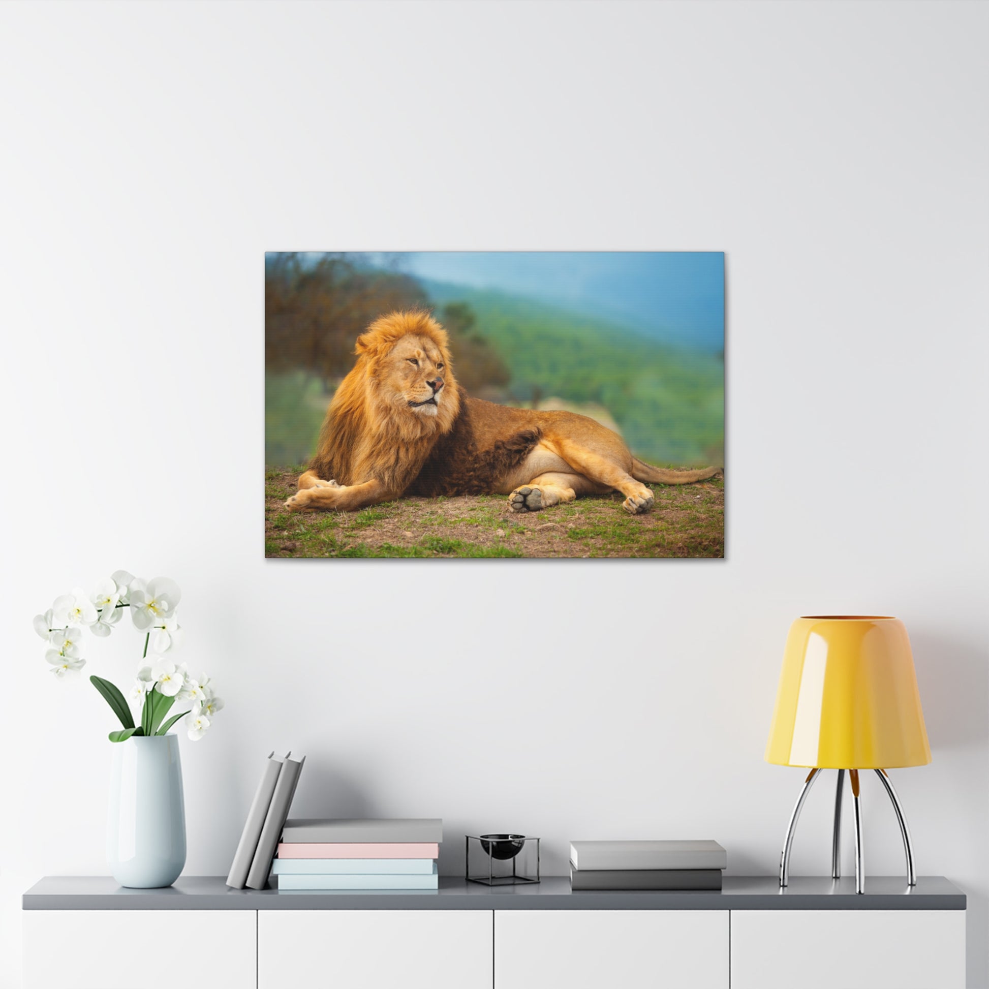 "Sunlit King – Male Lion Resting in the Sun Wall Art on canvas, acrylic, and metal – front view featuring a regal lion basking in golden sunlight."

