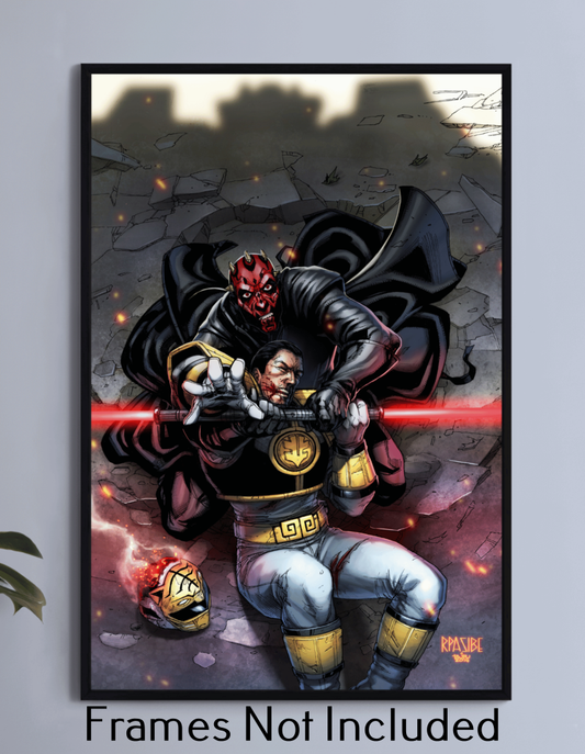 12x18 canvas of Darth Maul holding lightsaber behind White Ranger in sci-fi crossover scene