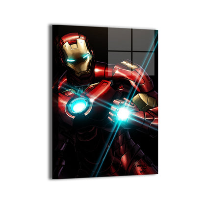Metal print of Iron Man suit with repulsor blast charging from glowing hand, 12x18