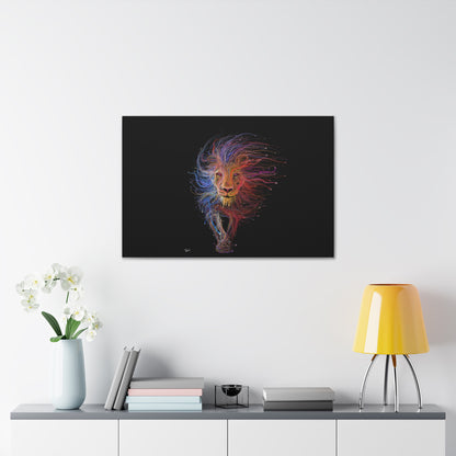 "Spectrum King – Vibrant Line Art Lion Wall Print on canvas, acrylic, and metal – front view featuring a colorful abstract lion shape."
