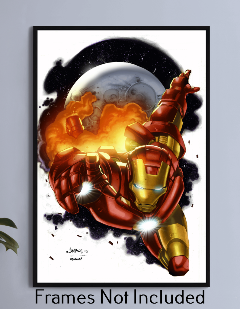 "Cosmic Flight – Iron Man Wall Art on canvas, acrylic, and metal – Iron Man soaring through outer space with thrusters glowing."

