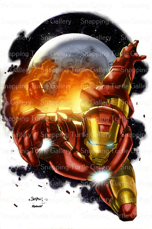 "Cosmic Flight – Iron Man Wall Art on canvas, acrylic, and metal – Iron Man soaring through outer space with thrusters glowing."