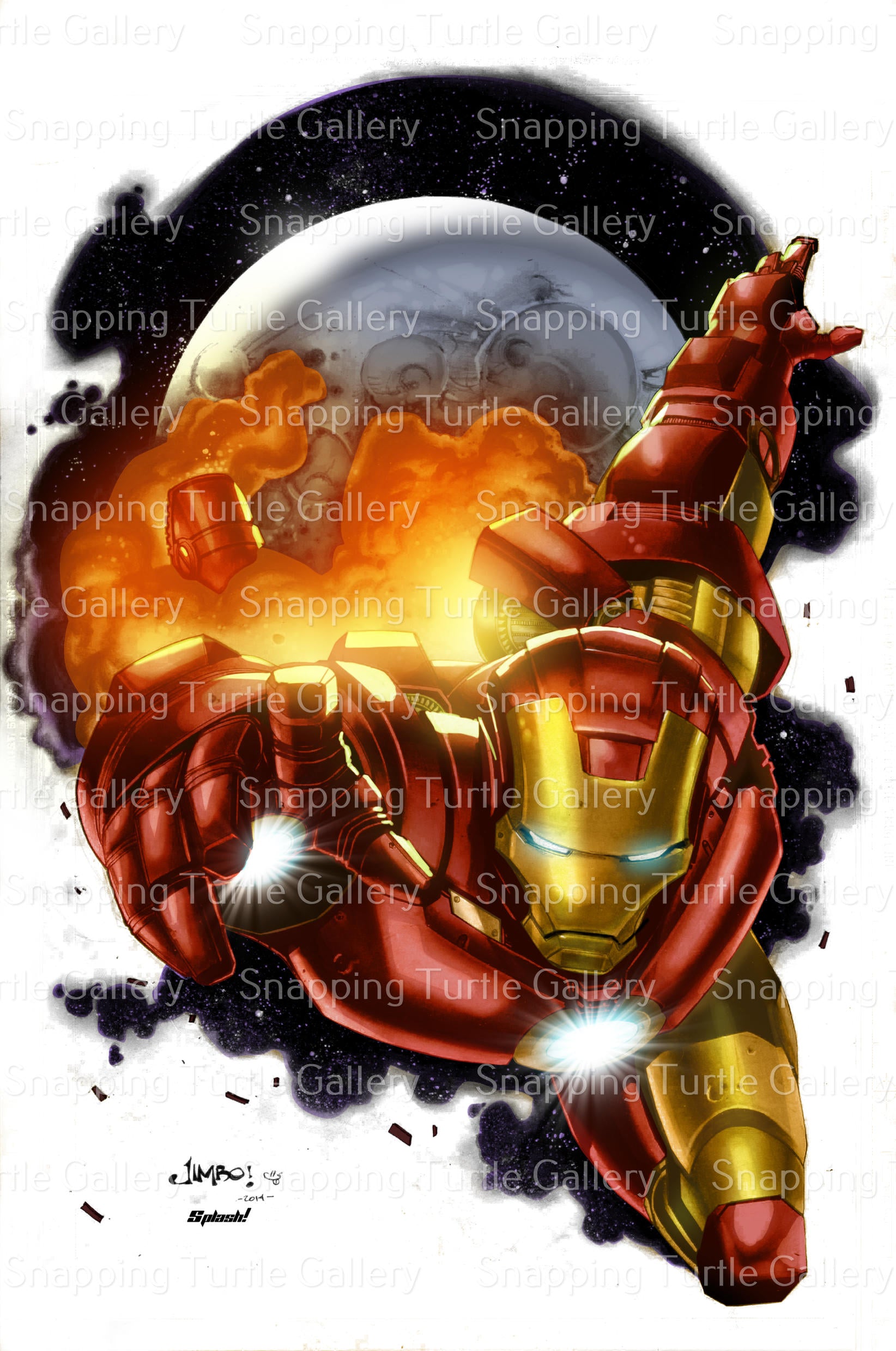 "Cosmic Flight – Iron Man Wall Art on canvas, acrylic, and metal – Iron Man soaring through outer space with thrusters glowing."

