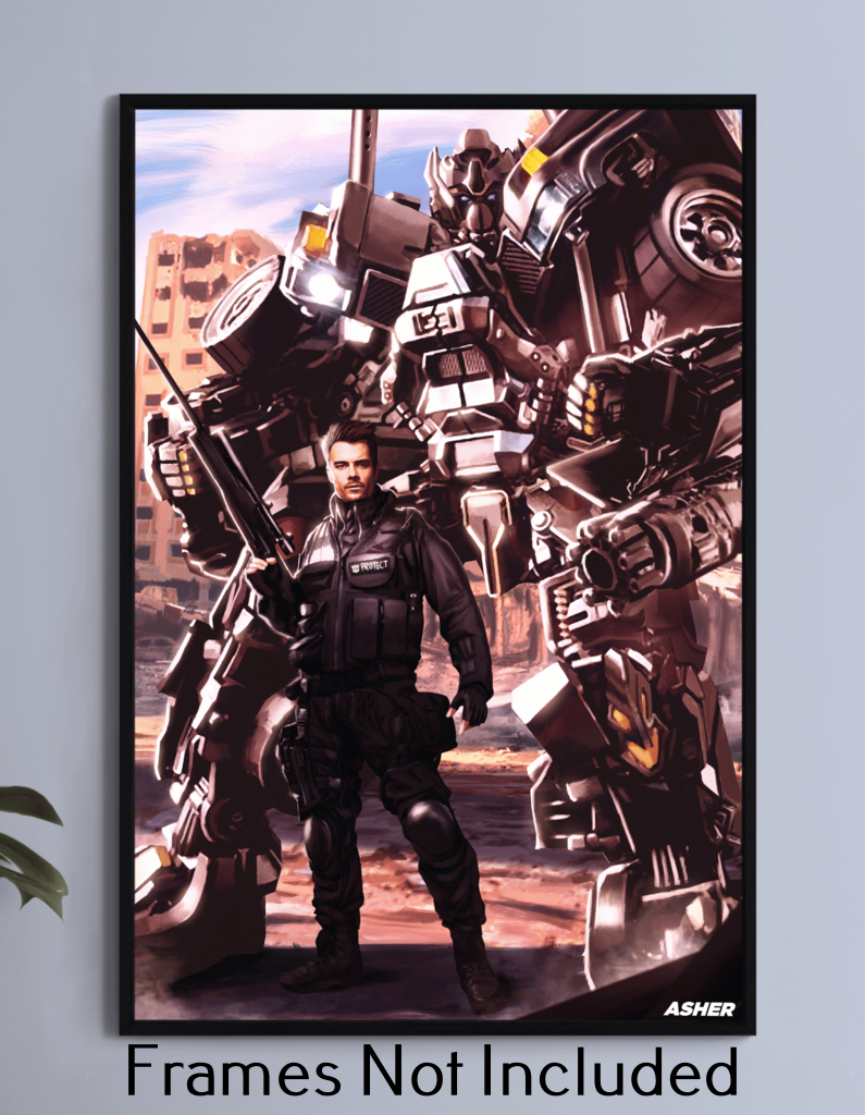 Transformer Ironhide pose with soldier in front – 12x18 canvas wall art