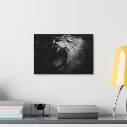 Roaring Legacy – Black and White Lion Wall Art on canvas, acrylic, and metal – front view featuring a fierce lion mid-roar in dramatic monochrome contrast.