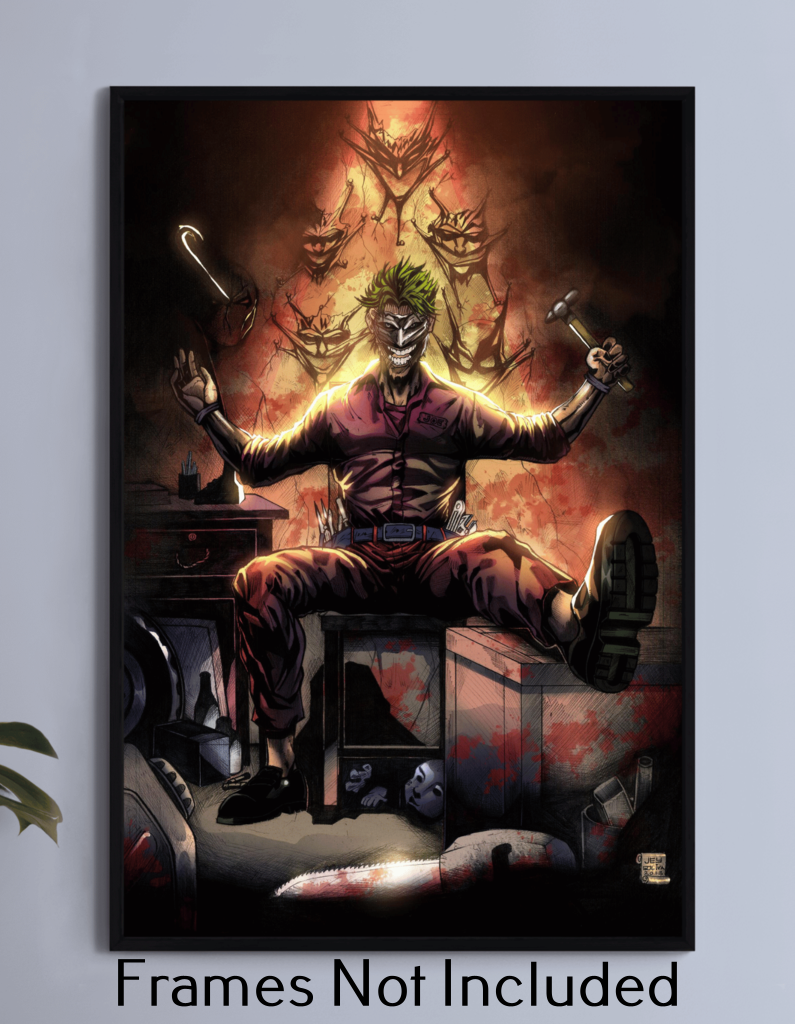  Joker sits in blood-splattered room with crowbar and hammer, 11x17 villain wall art print

