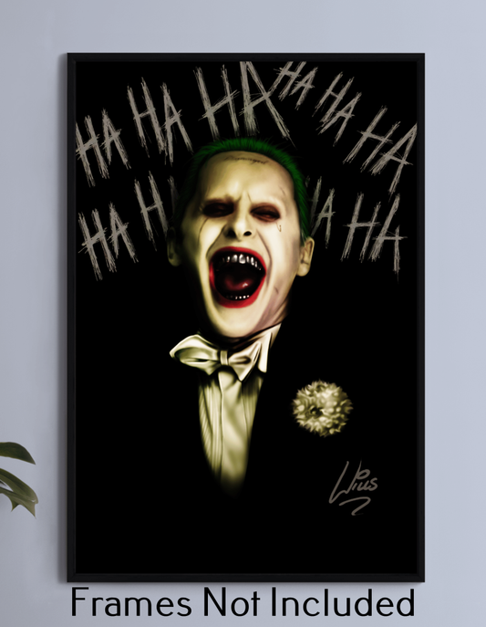 Damaged Mind – Jared Leto as The Joker Wall Art on canvas, acrylic, and metal – front view showing Joker's intense stare and tattooed face.
