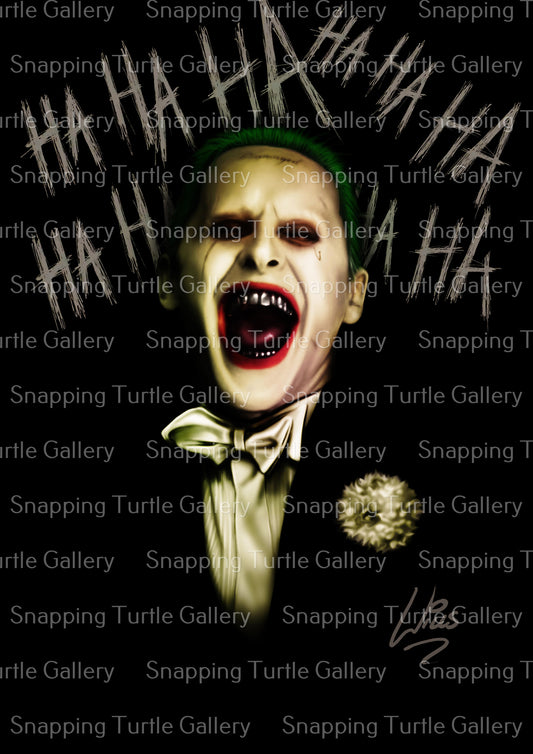 Damaged Mind – Jared Leto as The Joker Wall Art on canvas, acrylic, and metal – front view showing Joker's intense stare and tattooed face.