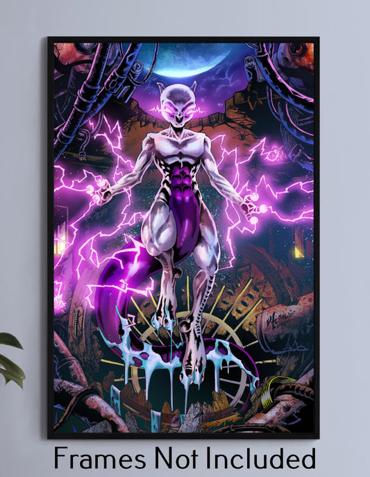 Mewtwo glowing with psychic lightning in lab setting, 11x17 Pokémon art print