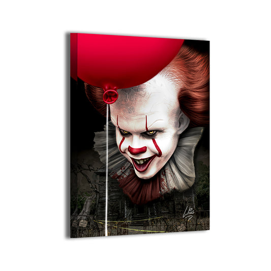 "Fear Floats – Pennywise Wall Art on canvas, acrylic, and metal – Pennywise with eerie grin and glowing eyes in a dark, foggy background."