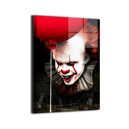 "Fear Floats – Pennywise Wall Art on canvas, acrylic, and metal – Pennywise with eerie grin and glowing eyes in a dark, foggy background."


