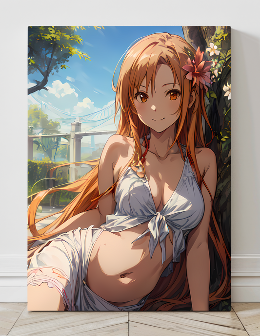 "Asuna Yuuki SAO Wall Art on canvas, acrylic, and metal – front view featuring a detailed anime portrait of Asuna in an iconic pose."
