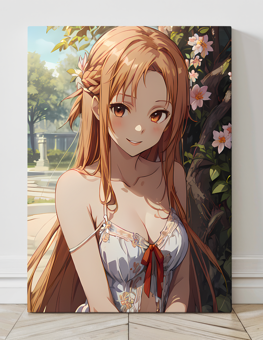 "Asuna Yuuki SAO Wall Art on canvas, acrylic, and metal – front view featuring a detailed anime portrait of Asuna in a white seductive dress."

