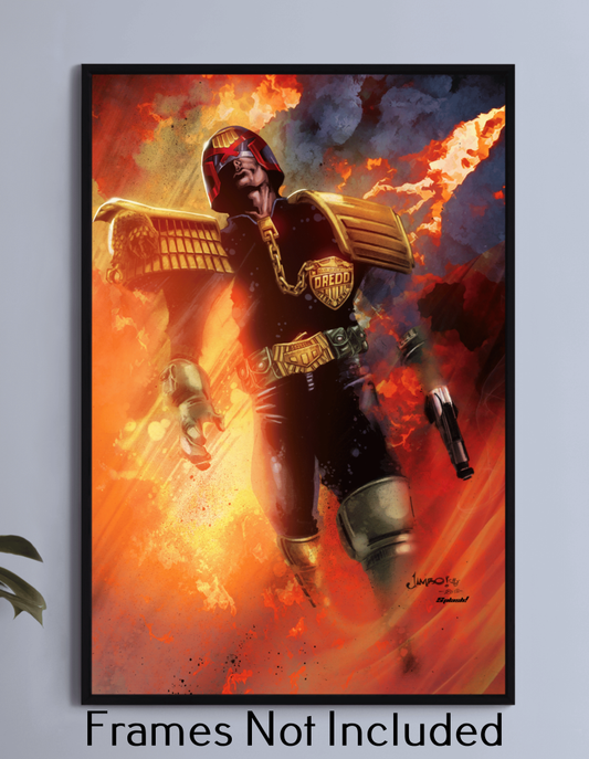 "I Am the Law – Judge Dredd Wall Art on canvas, acrylic, and metal – Judge Dredd standing with gun and helmet, ready to deliver justice."

