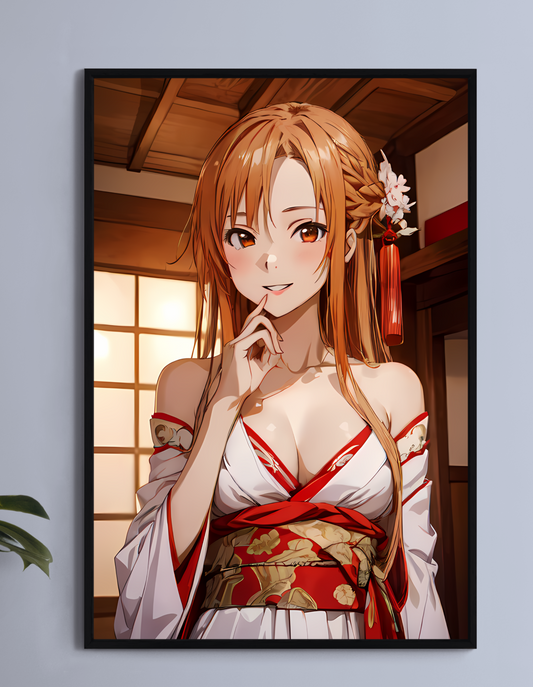 "Asuna Yuuki SAO Wall Art on canvas, acrylic, and metal – front view featuring a detailed anime portrait of Asuna in a traditional kimono."