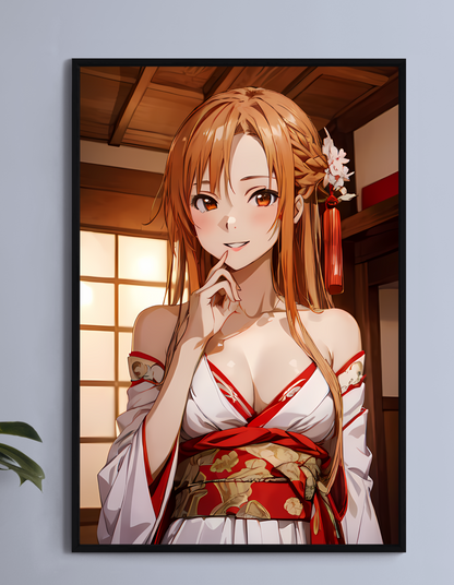 "Asuna Yuuki SAO Wall Art on canvas, acrylic, and metal – front view featuring a detailed anime portrait of Asuna in a traditional kimono."
