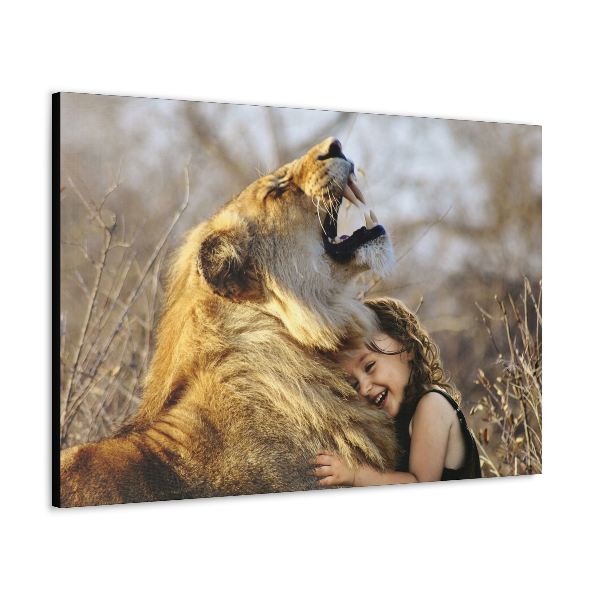 "Guardian’s Embrace – Lion and Little Girl Wall Art on canvas, acrylic, and metal – front view featuring a heartwarming embrace between a lion and child."
