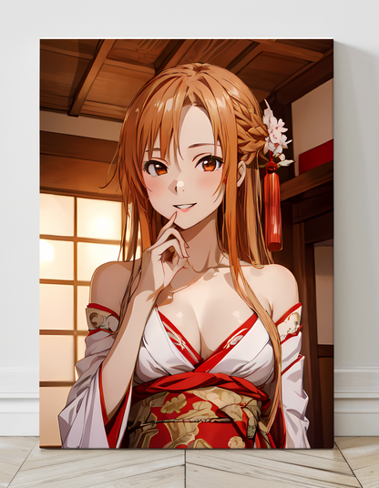"Asuna Yuuki SAO Wall Art on canvas, acrylic, and metal – front view featuring a detailed anime portrait of Asuna in a traditional kimono."
