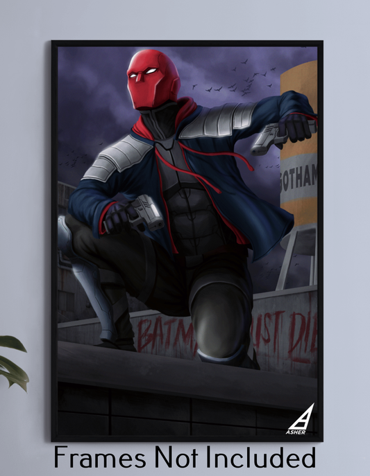 Gotham rooftop vigilante with pistols drawn – 12x18 metal wall art