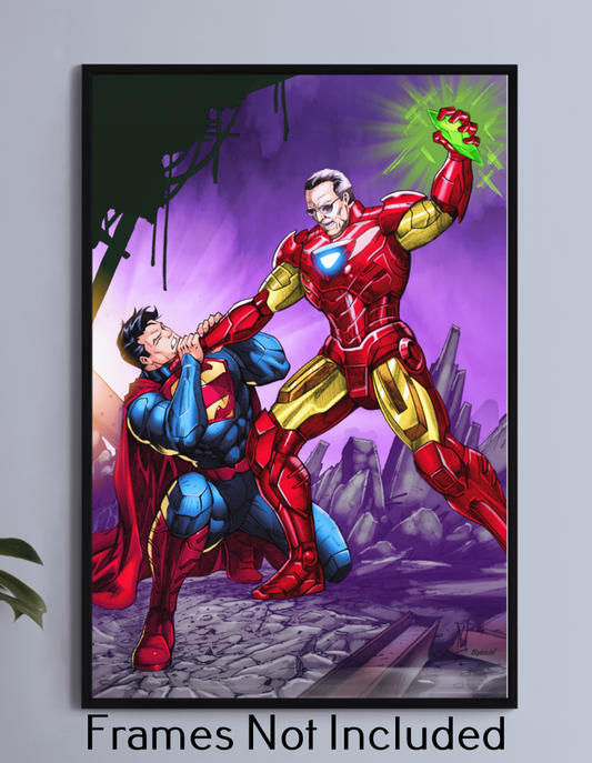 "Legacy Clash – Stan Lee vs Superman Wall Art on canvas, acrylic, and metal – Stan Lee facing off with Superman in a comic-style standoff."

