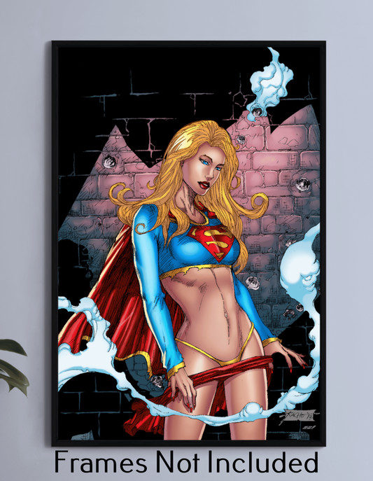 "Crimson Tease – Supergirl Wall Art on canvas, acrylic, and metal – Supergirl in a confident pose lowering red panties, stylized pin-up fan art."


