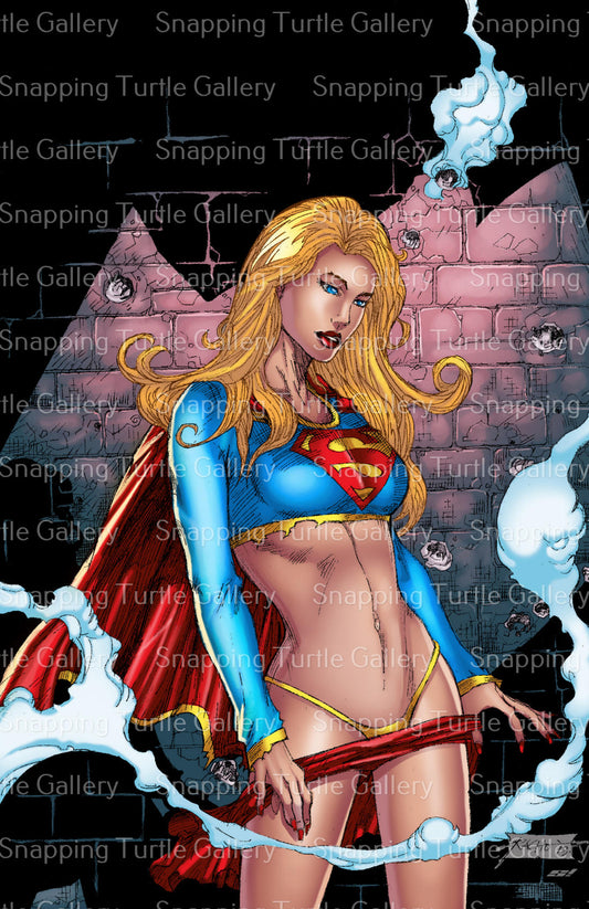 "Crimson Tease – Supergirl Wall Art on canvas, acrylic, and metal – Supergirl in a confident pose lowering red panties, stylized pin-up fan art."
