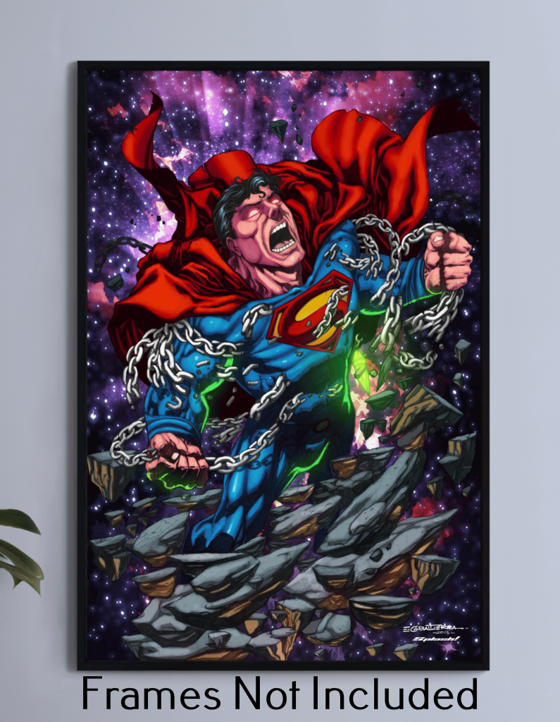 "Power Unbound – Superman Wall Art on canvas, acrylic, and metal – Superman in a rage, breaking chains with force and intensity."


