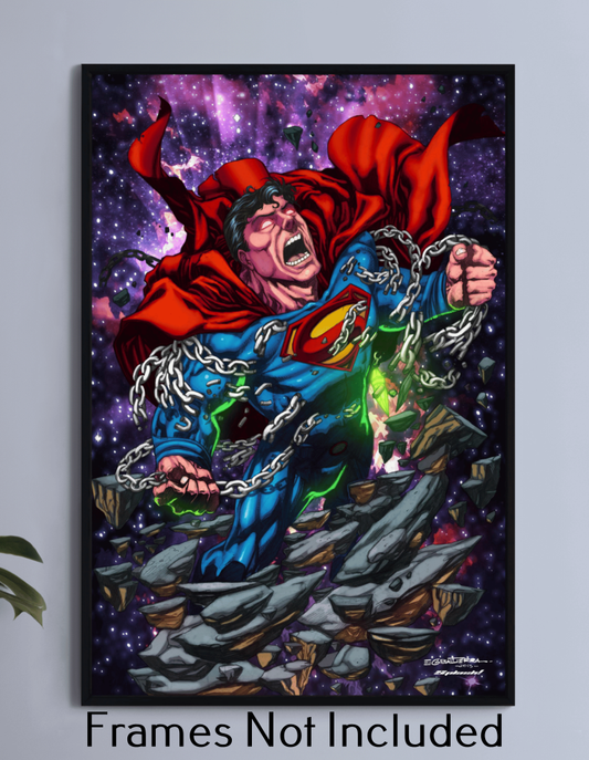 "Power Unbound – Superman Wall Art on canvas, acrylic, and metal – Superman in a rage, breaking chains with force and intensity."



